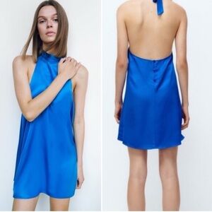 NWT Zara Blue Satin High Neck Halter Dress Size L